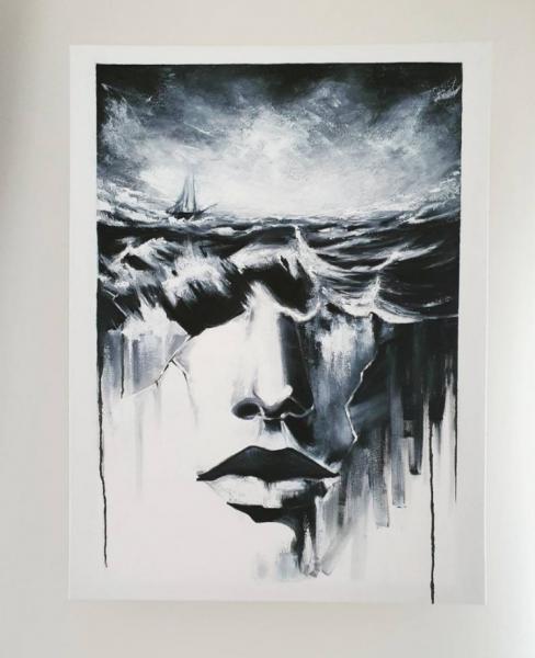 Надежда:  Картина портрет женщины. Бушующая волна с кораблем.