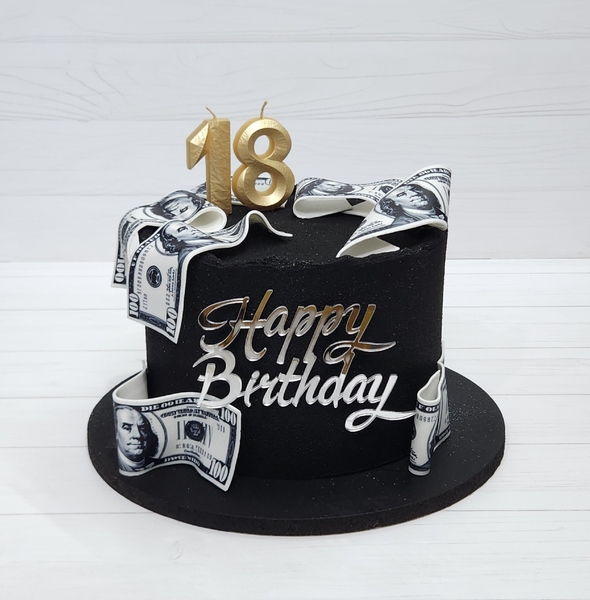 Тортик весом 2.7 кг.
Начинка сникерс, тортик покрыт шоколадным велюром, оформление фотопечать на сахарной бумаге, надпись - топер