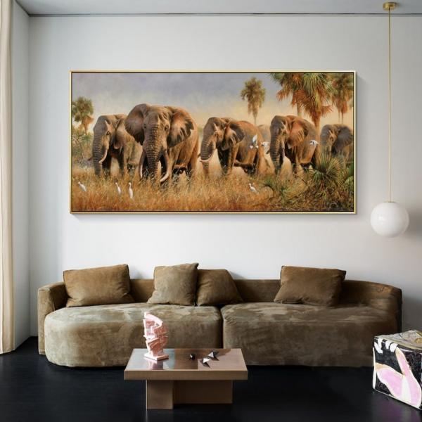 Вера:  Пейзаж.Картина в интерьер.Картина со слонами и птицами