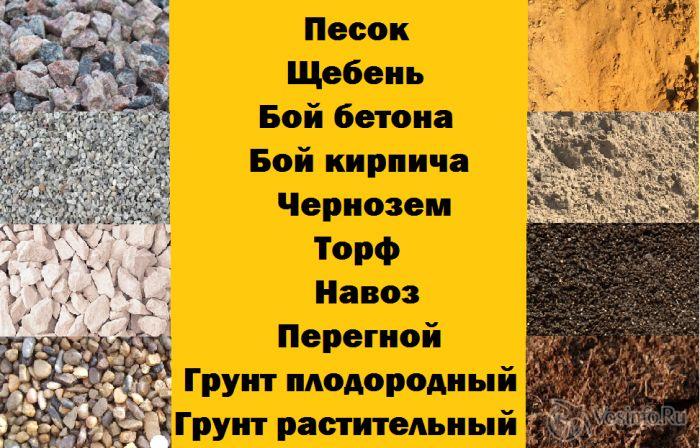 Олег:  Щебень, песок, торф, навоз, плодородный слой, дрова, уголь. 